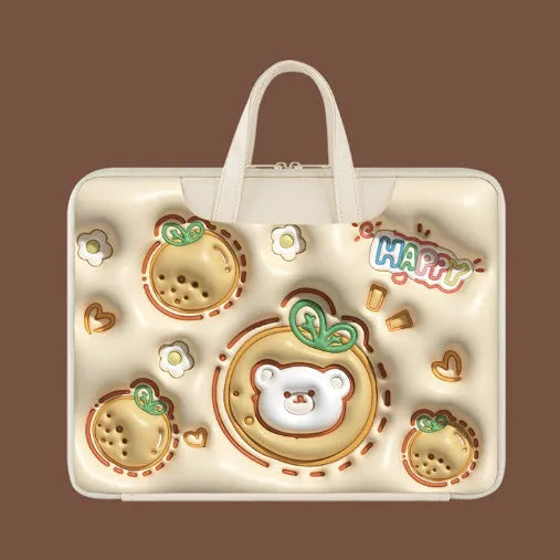 Inflatable PU leather laptop bag with suitcase hanger in cute panda print for a 15.6-inch device.