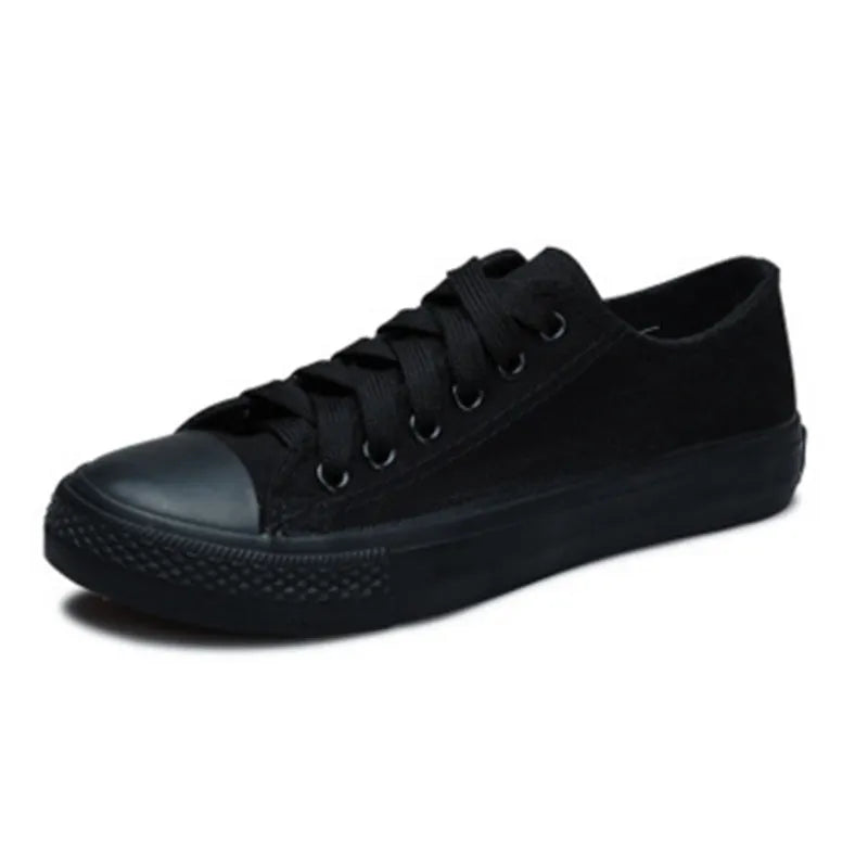 Women's solid colour canvas casual shoes for summer in black, white black, white red, and all black.
