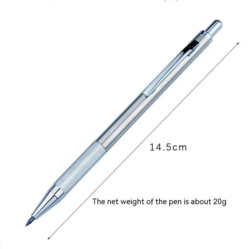 Metal mechanical pencil with automatic feed mechanism and choice of five lead sizes
