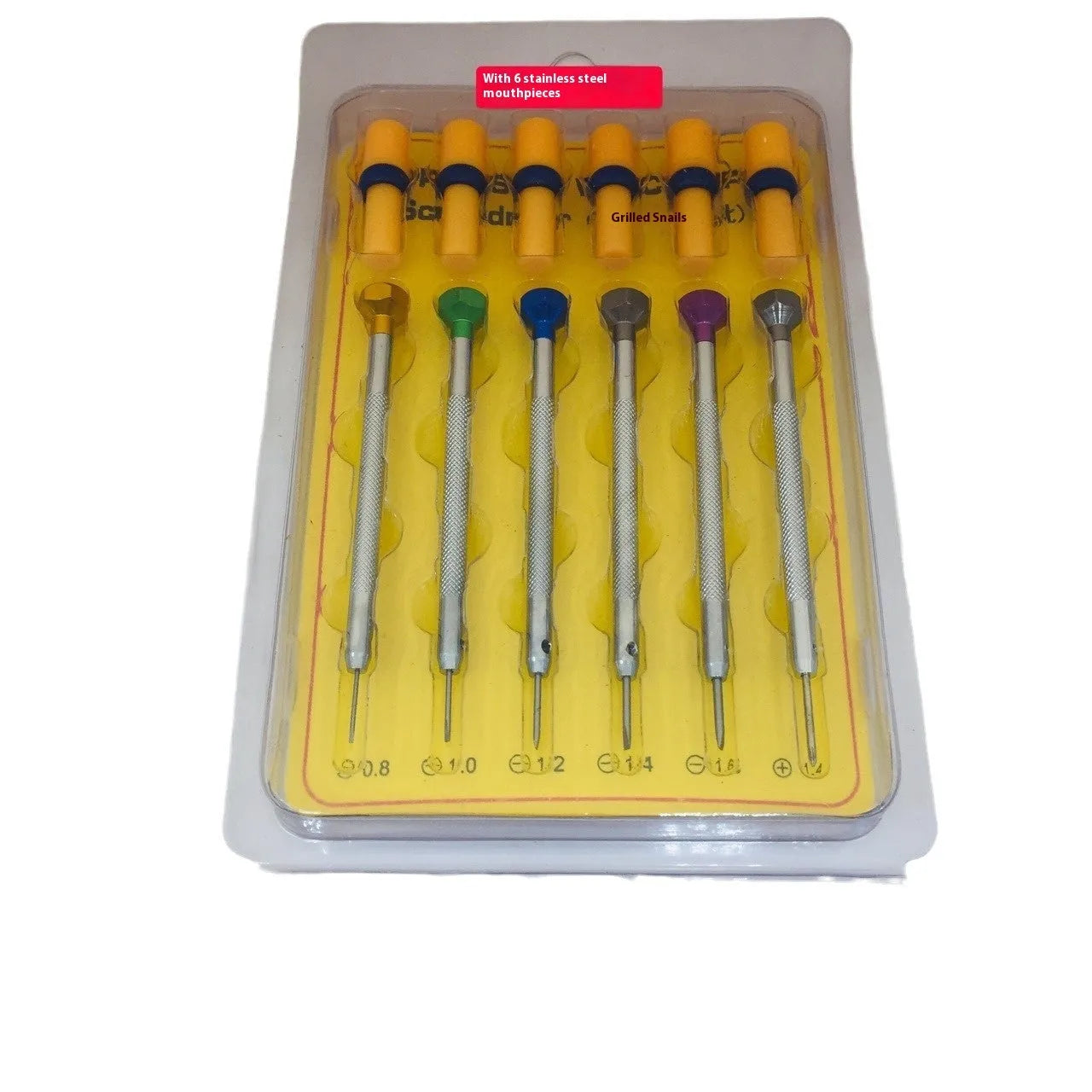 6-piece colour-coded watch repair screwdriver set with aluminium handles for meter and children's watch maintenance.