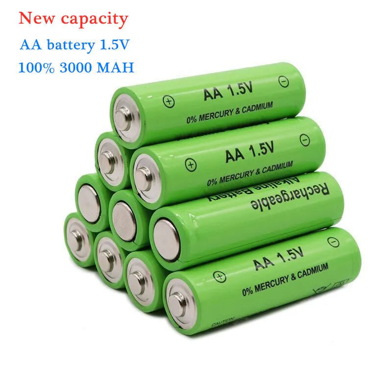 Pack of industrial-grade 1.5V 3000mAh alkaline rechargeable AA batteries.