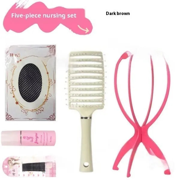 Full-head lace front wig with mid-length straight black hair displayed with styling accessories