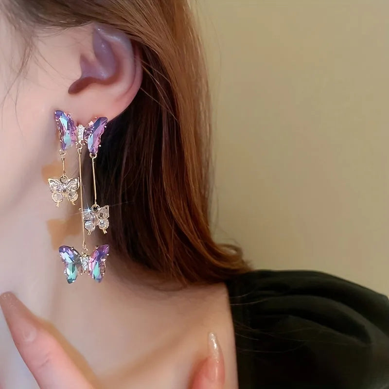Women's silver needle crystal flowers butterfly tassel earrings with blue purple electroplated alloy design