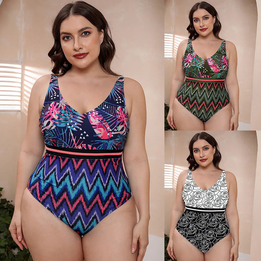 Blue printed spaghetti strap one-piece swimsuit with a striped vest design on a mannequin.