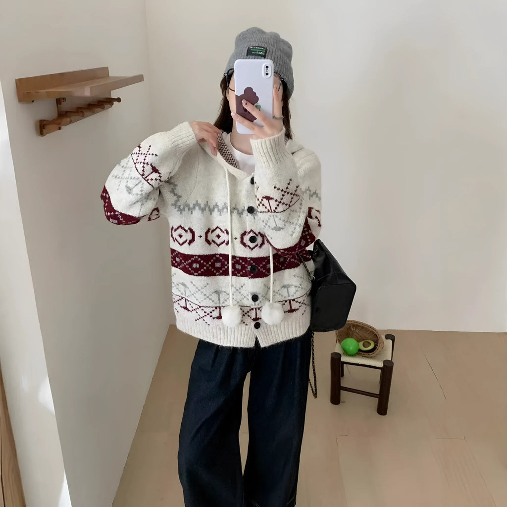 Women's loose fit geometric pattern brocade sweater coat in beige, free size.
