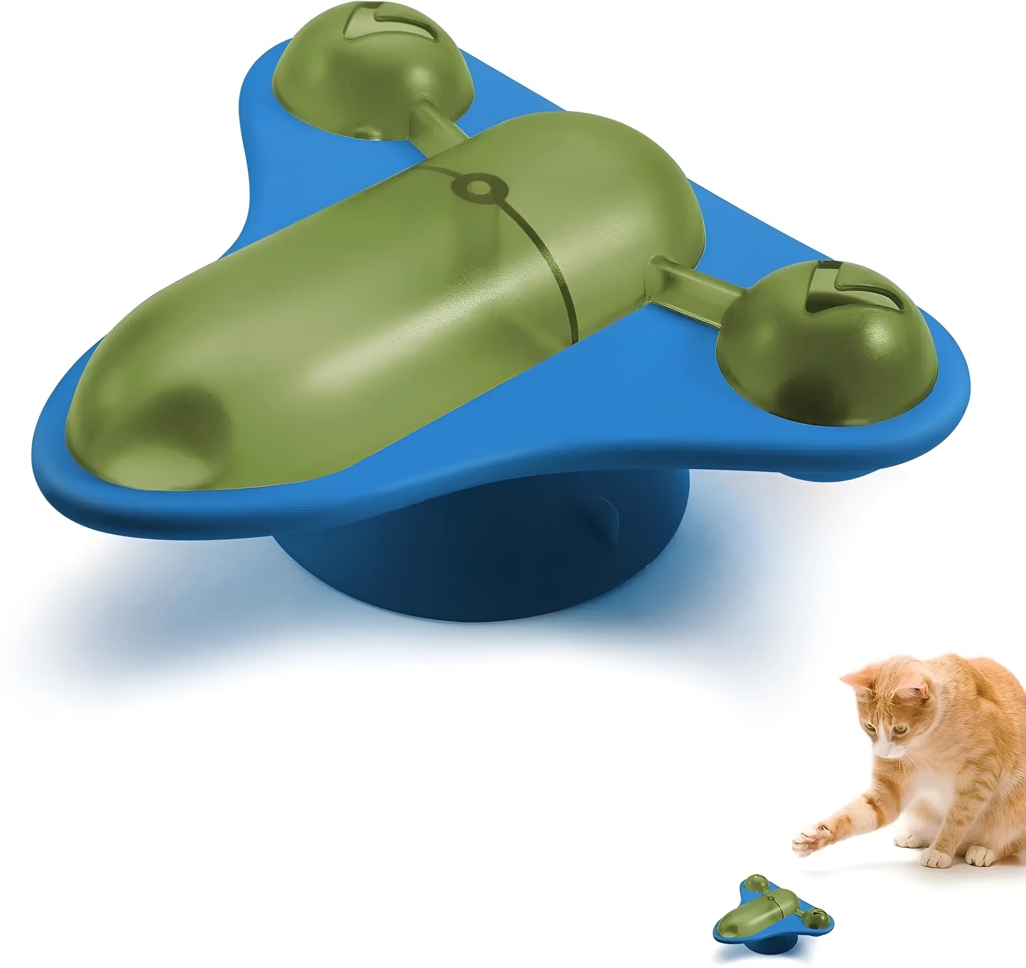 Blue interactive pet puzzle toy with treat cabin, bell, and catnip attachments on suction cup base