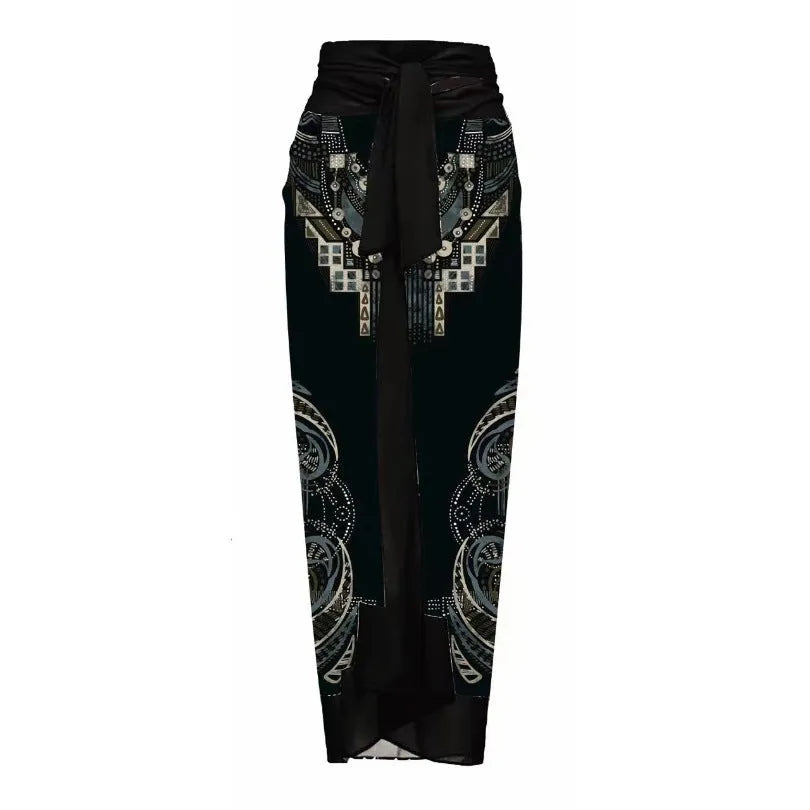 Women's floral one-piece swimsuit set with optional wrap skirt in polyester fabric