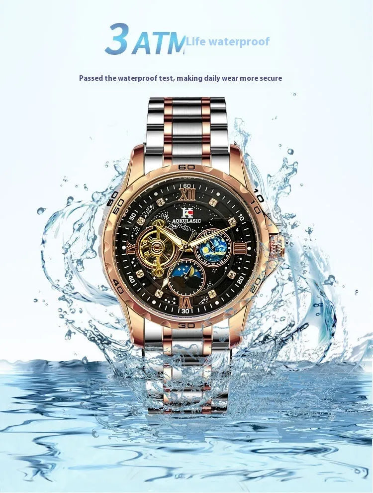 Men's rose gold automatic watch with large black dial on wrist.