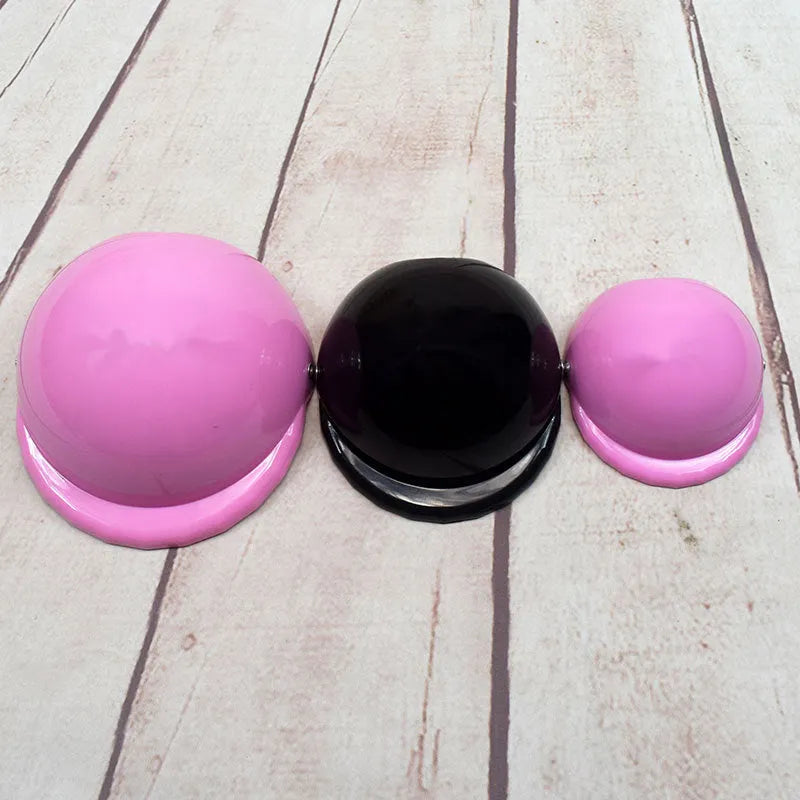 Plastic dog motorcycle cap helmet shown in multiple colours with Japanese style design