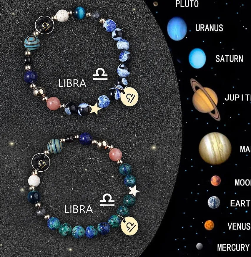 Two natural stone beaded bracelets with zodiac sign charms on a dark background.