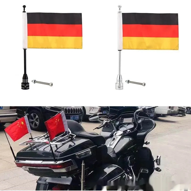 Metal motorcycle flagpole for mounting on luggage rack, shown in black and silver finish options.