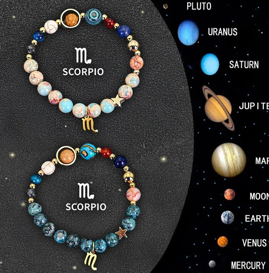 Natural stone bead bracelet set featuring all twelve zodiac signs with two bracelets per style