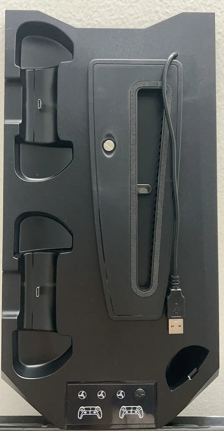 PS5 charging base radiator station in black or white with USB ports for controller charging and cooling functions