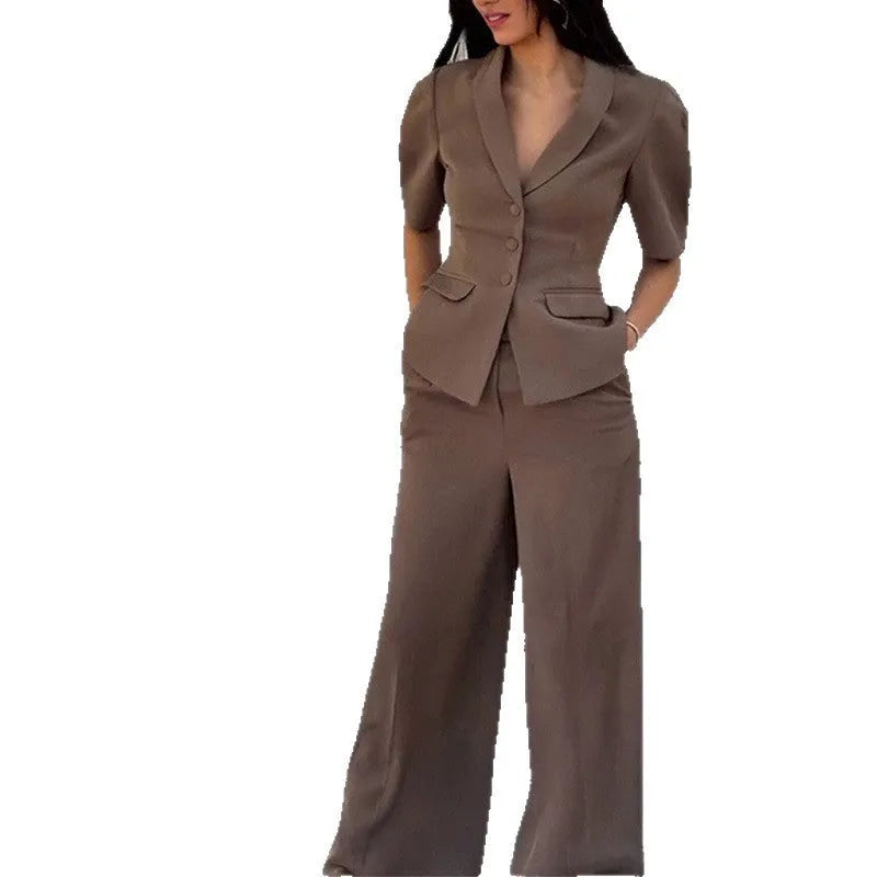 Brown polyester men's slim fit suit with long sleeve top and matching trousers