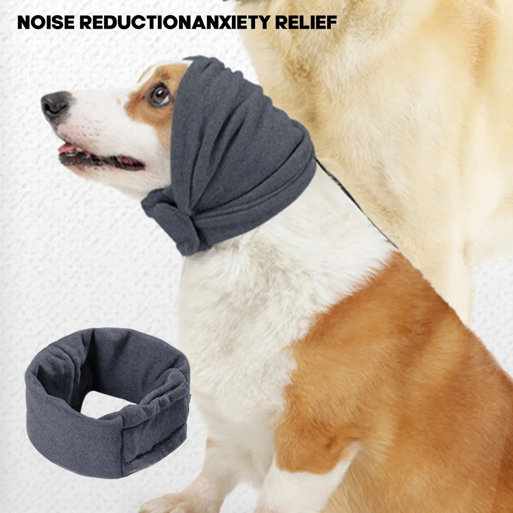 Black dog calming hoodie with ear wraps and closure, shown on a dog model