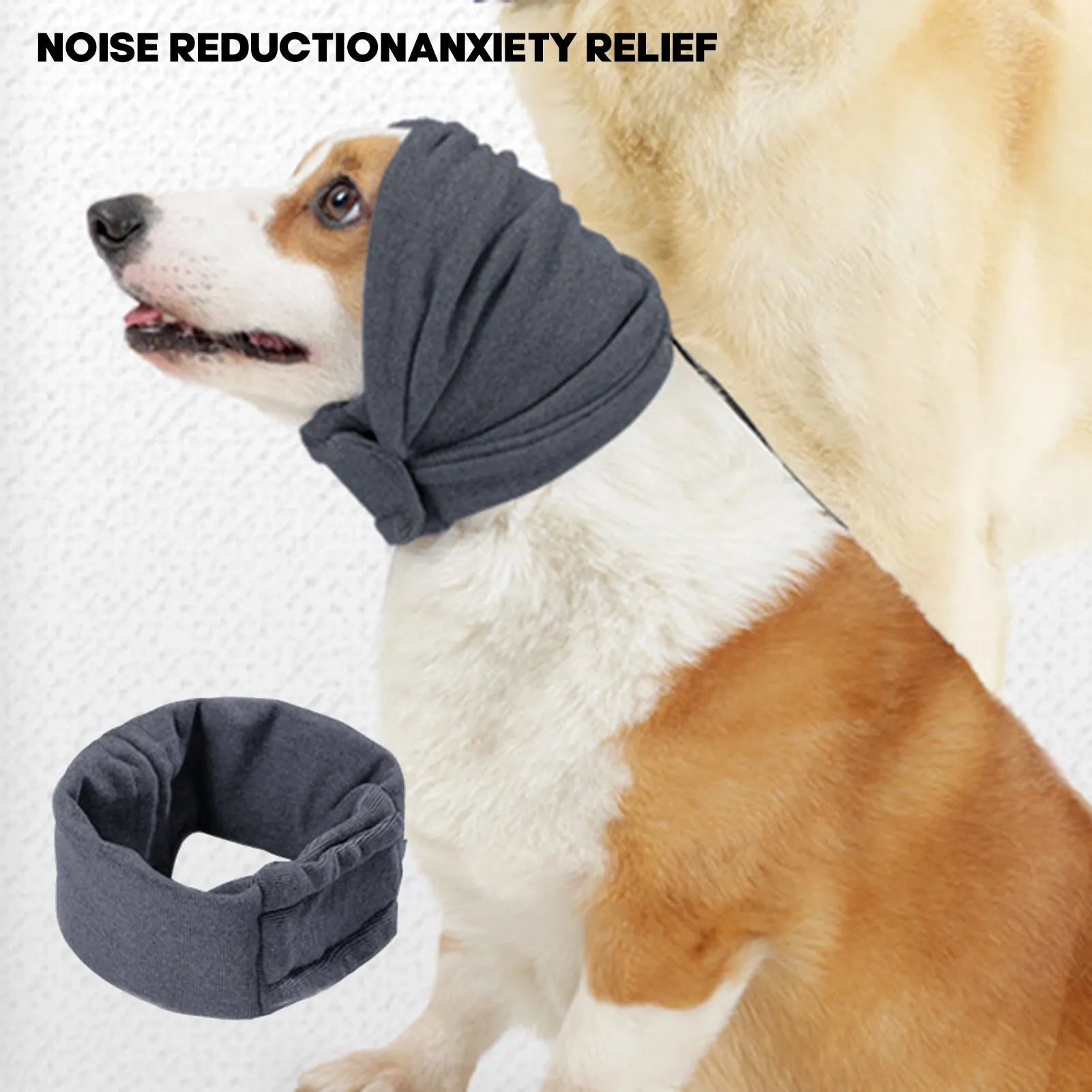 Black dog calming hoodie with ear wraps and closure, shown on a dog model