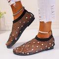 Women's flat sandals with mesh upper and colourful rhinestone decoration, round toe design with rubber sole