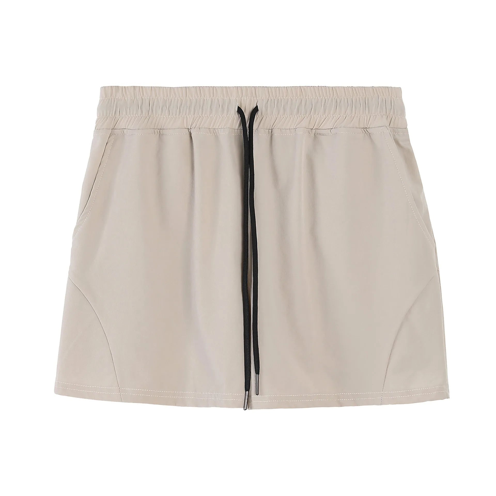 Men's thin grey polyester basketball shorts with elastic waistband on a plain background.