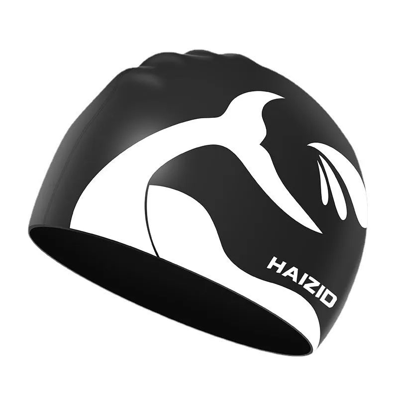 Silicone swimming cap with whale tail design and waterproof ear protectors in multiple colour options