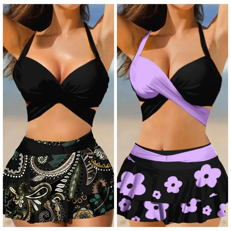 Women's purple split swimsuit bikini set with matching skirt and lace-up detailing