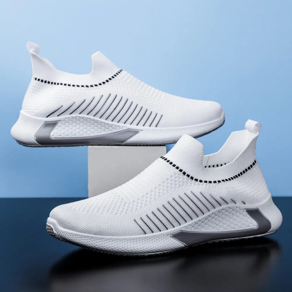 Men's striped mesh sock shoes with flyknit upper and lace-up front