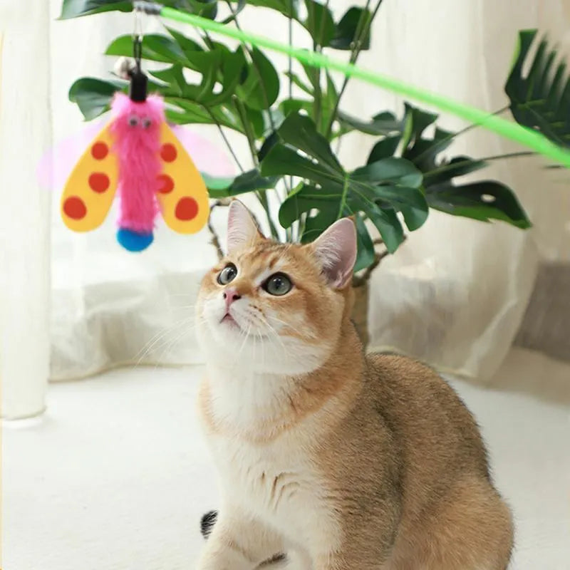 Cat wand toy with dragonfly attachment and bell on 49cm stick