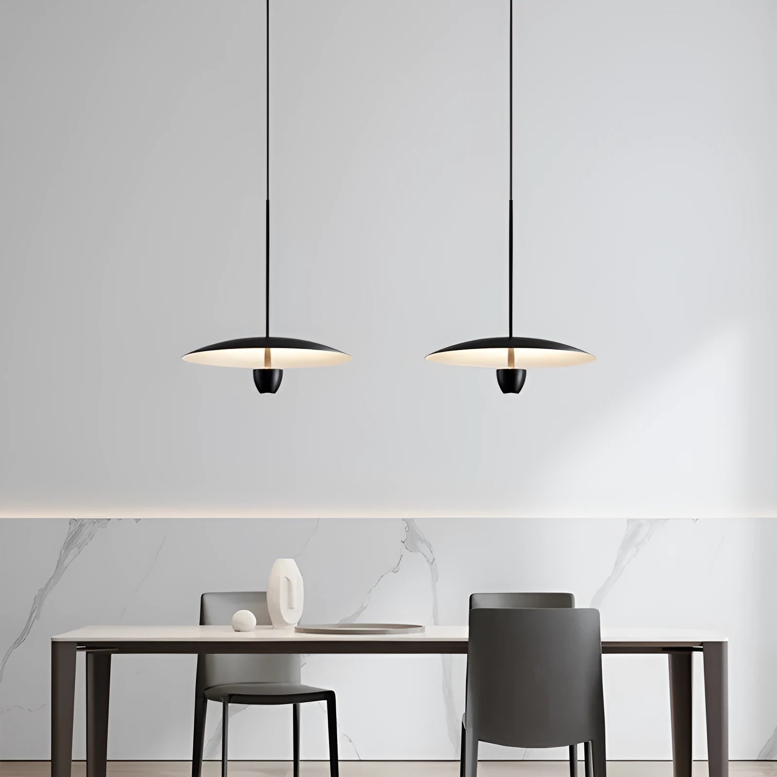 Black modern minimalist ceiling chandelier with warm white light, 400mm wide.