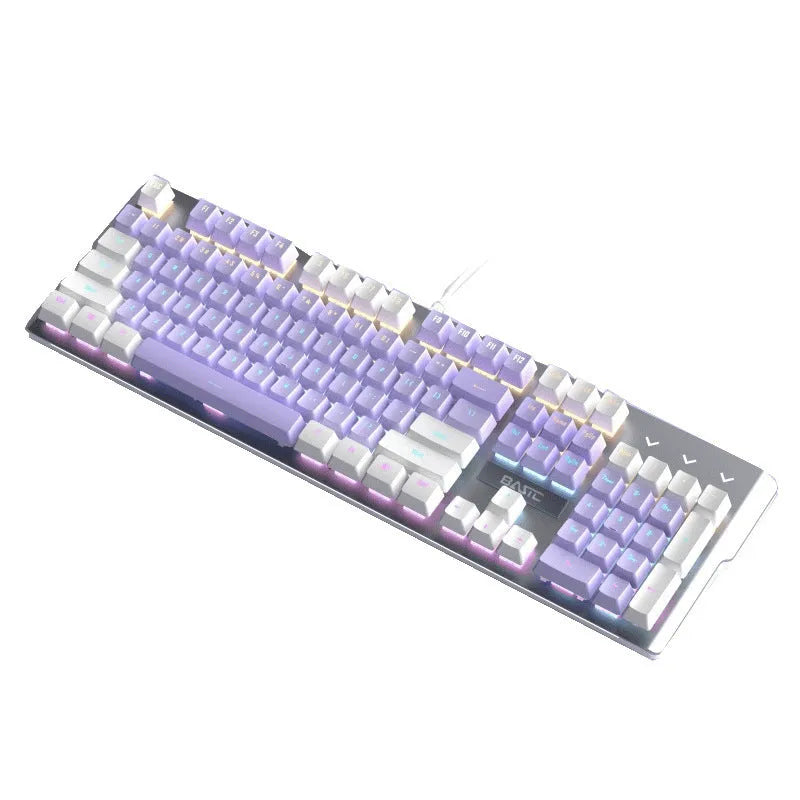 Purple and white wired mechanical keyboard and mouse combo set with backlit keys on a desk.
