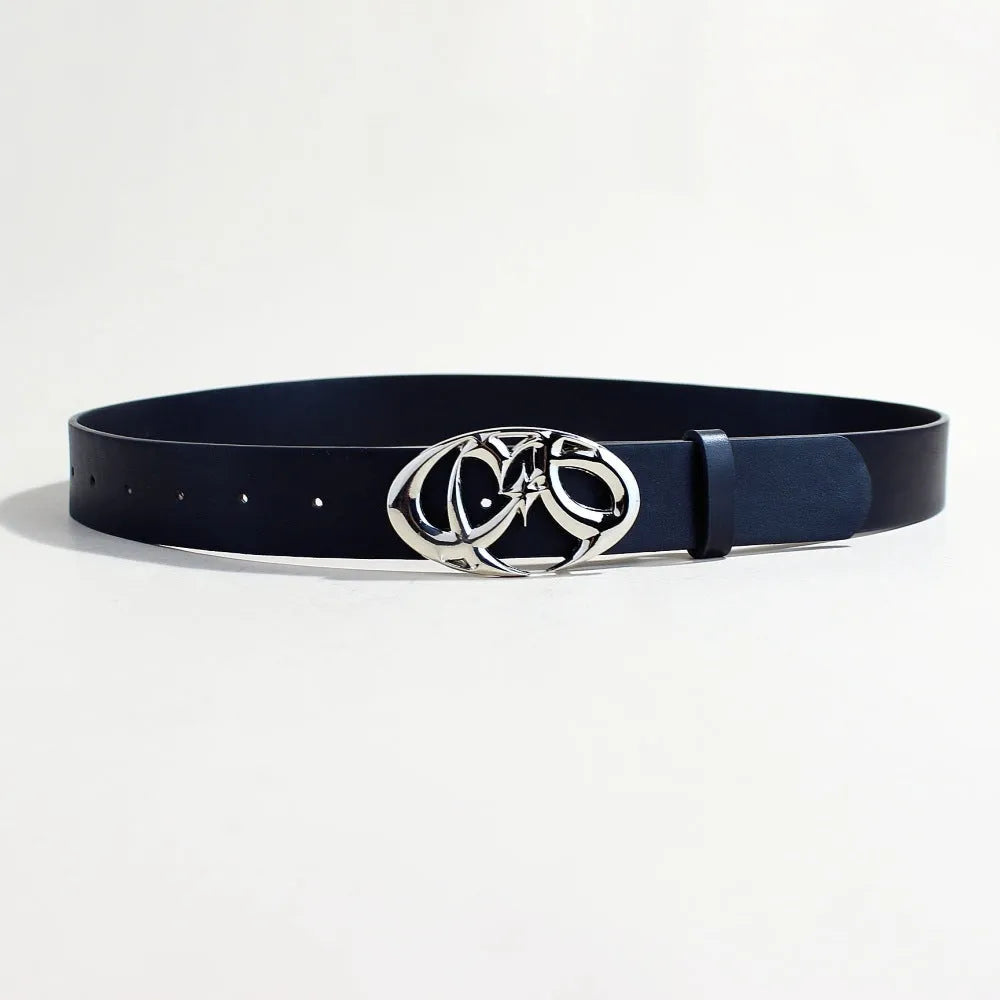 Silver buckle on a 105cm long, 3.3cm wide PU leather casual belt.