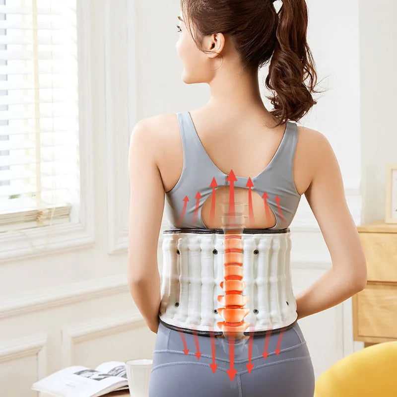Automatic inflation waist support belt for lumbar disc correction, shown in S and M sizes.