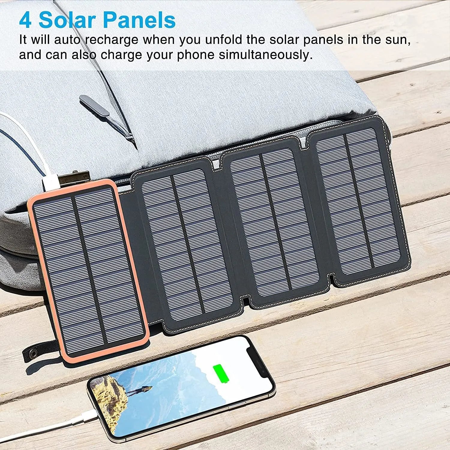 Waterproof solar phone charger with LED light in black, blue, green, or orange colour options