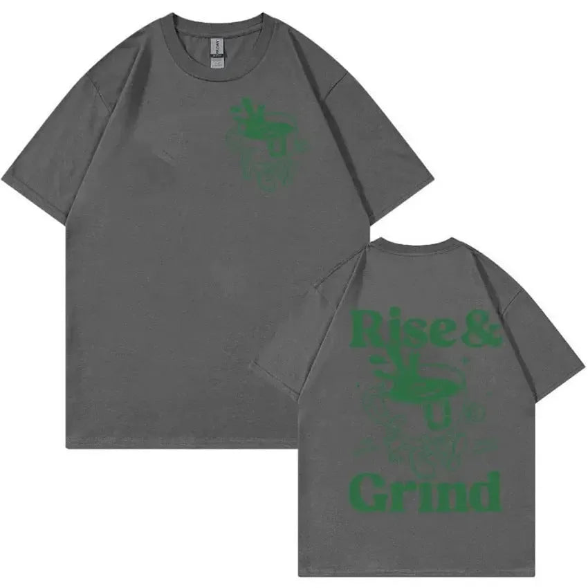 Cartoon Rise and Grind Green Coffee print on a loose-fit linen blend T-shirt.