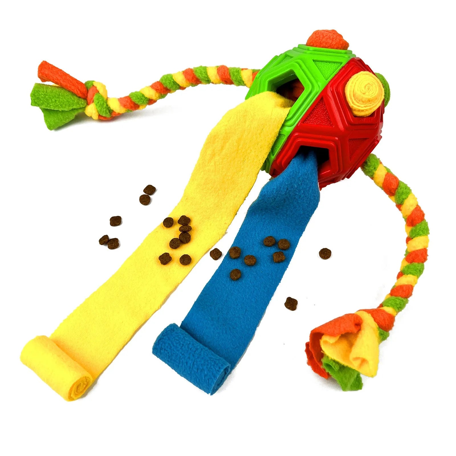 Colourful silicone dog snuffle ball puzzle toy for IQ training and slow feeding.