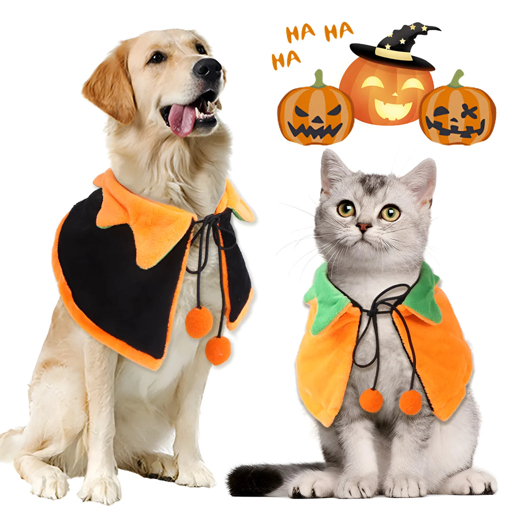 Orange plush pumpkin Halloween cloak for a dog or cat shown in size M.