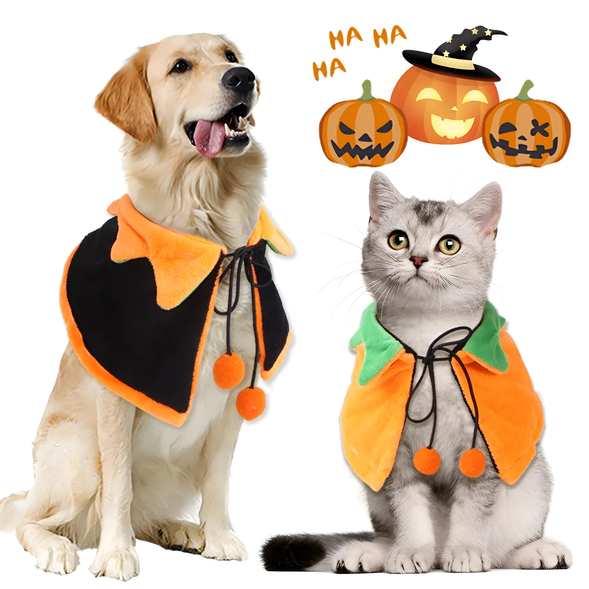 Orange plush pumpkin Halloween cloak for a dog or cat shown in size M.
