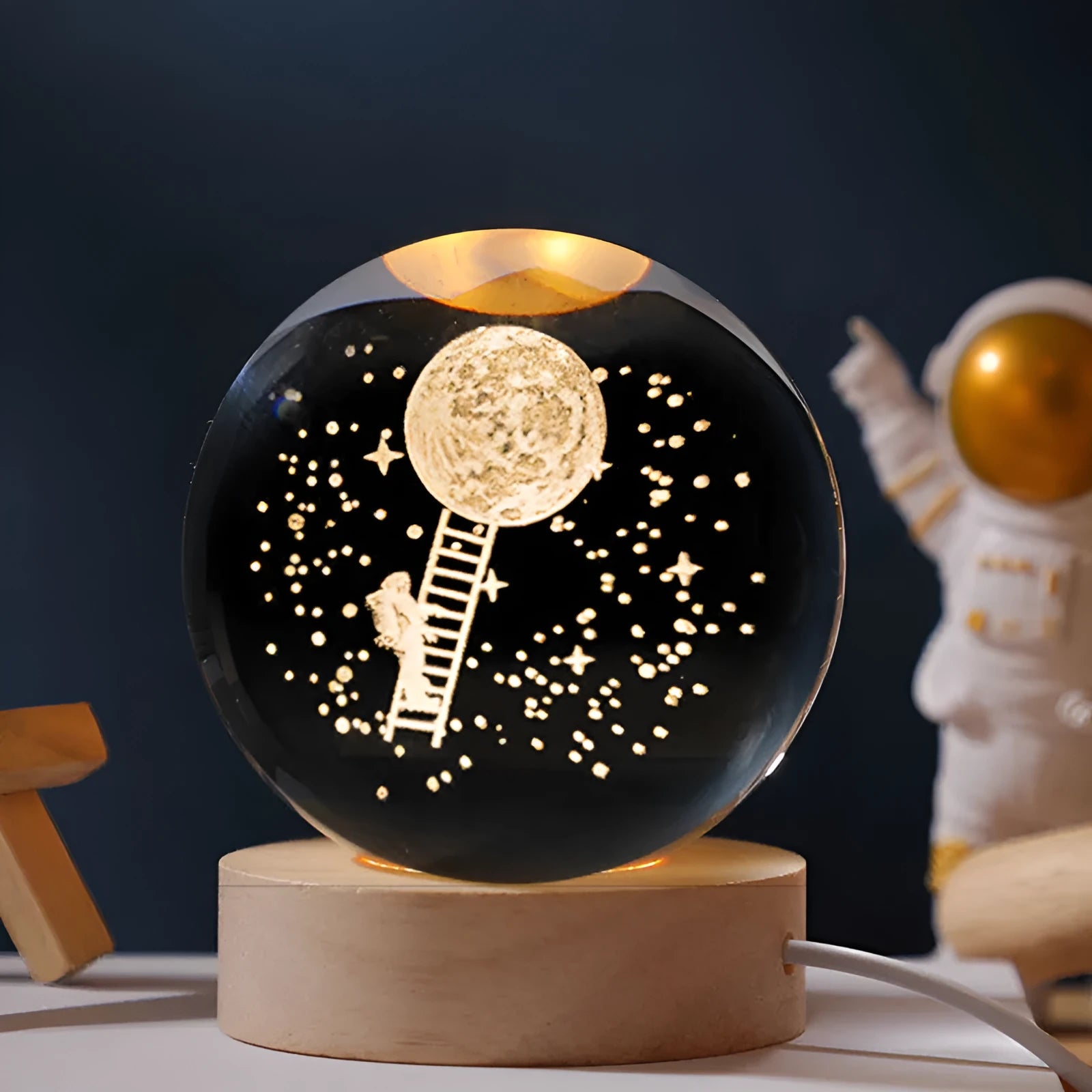 Starry sky luminous crystal ball on wooden base with USB cable for desktop decoration