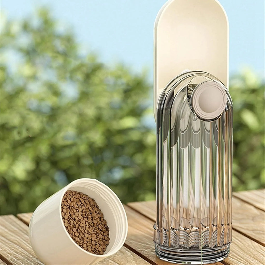Beige and green foldable dog water bottle with food dispenser for outdoor use