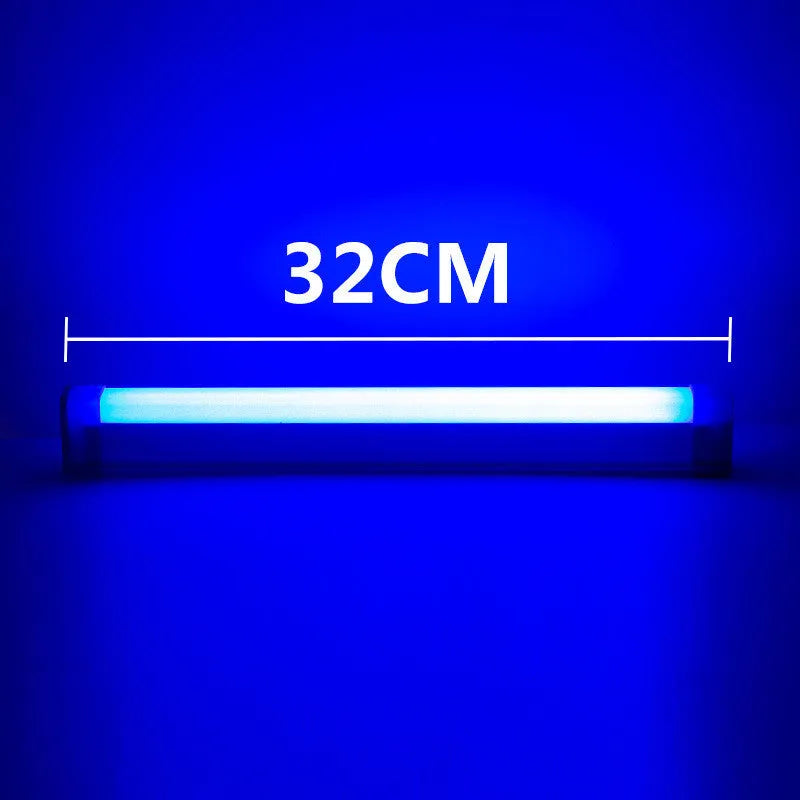 Rechargeable dimmable LED tube light in blue and purple colours shown in a bedroom setting.
