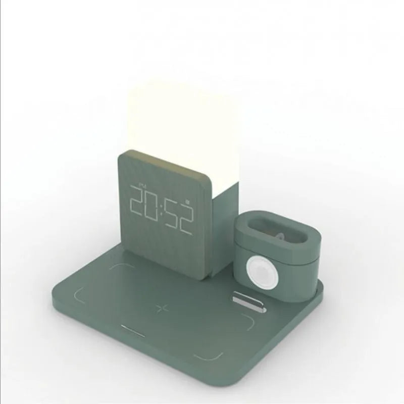 Dark green foldable 3-in-1 wireless charging stand with phone, watch, and earbuds charging simultaneously