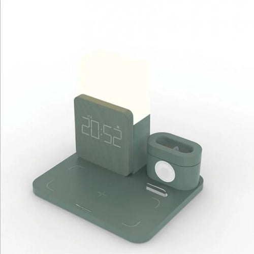Dark green foldable 3-in-1 wireless charging stand with phone, watch, and earbuds charging simultaneously