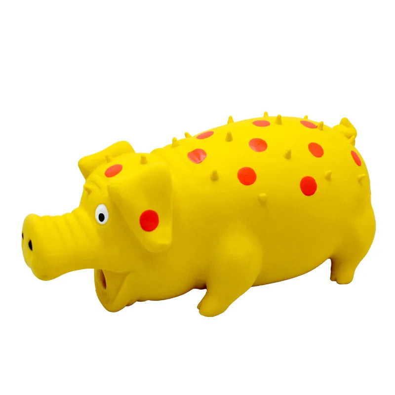 Blue latex pig-shaped dog chew toy with textured surface and squeaker for aggressive chewers