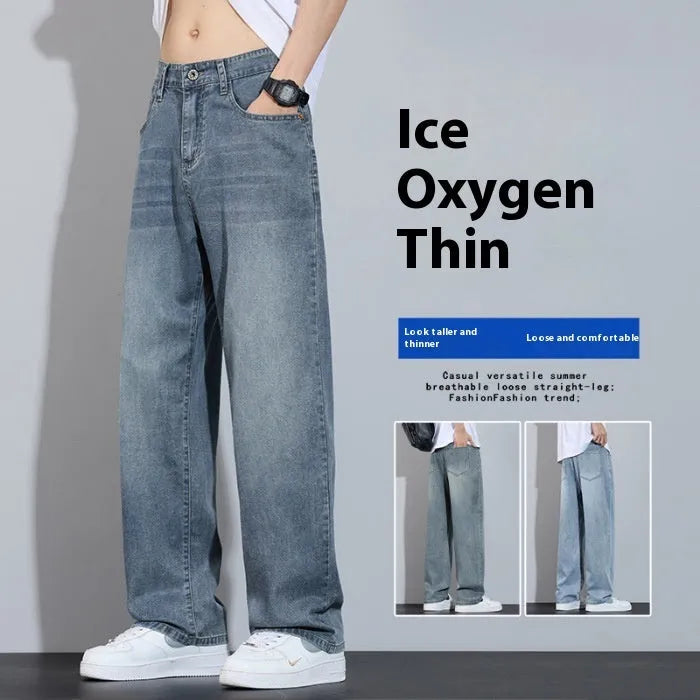 Straight-leg trousers in thin ice silk denim with wide-leg casual styling and zip fly