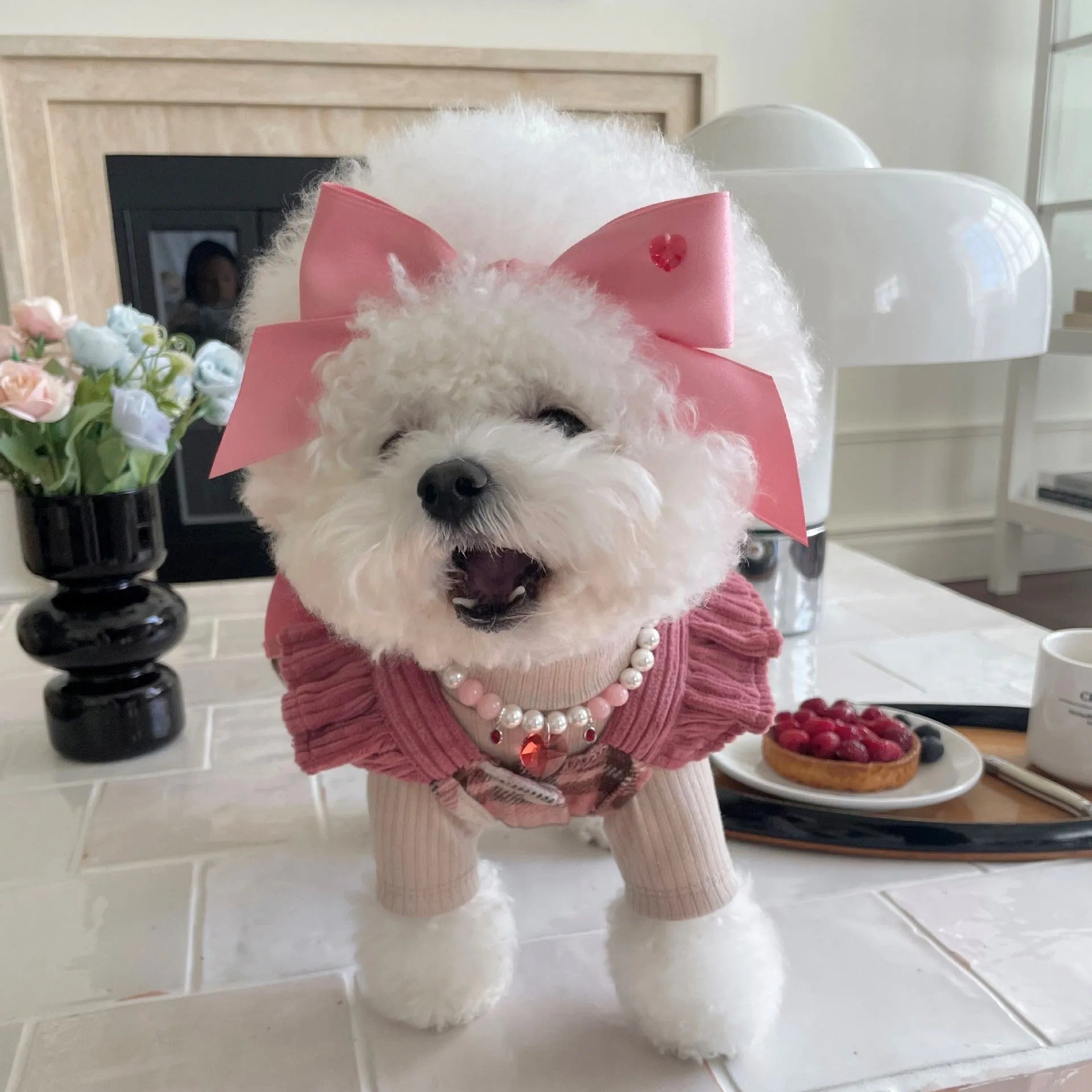 Princess style dog hair band with adjustable bow on jacquard woven polyester cotton ribbon