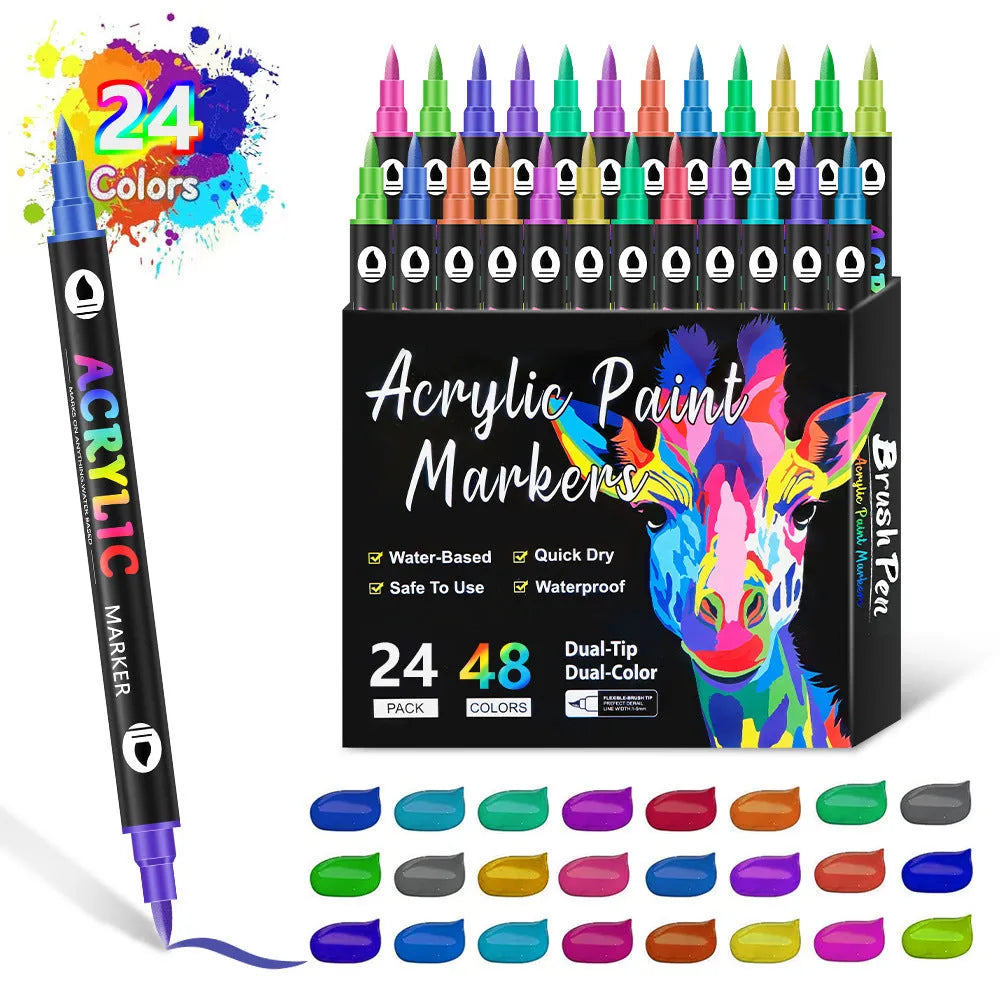 Double-headed acrylic marker pens in various colours showing both fine and broad tip options