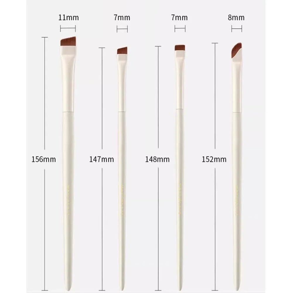 Four angled eyeliner and eyebrow makeup brushes stored in a brown leather case.