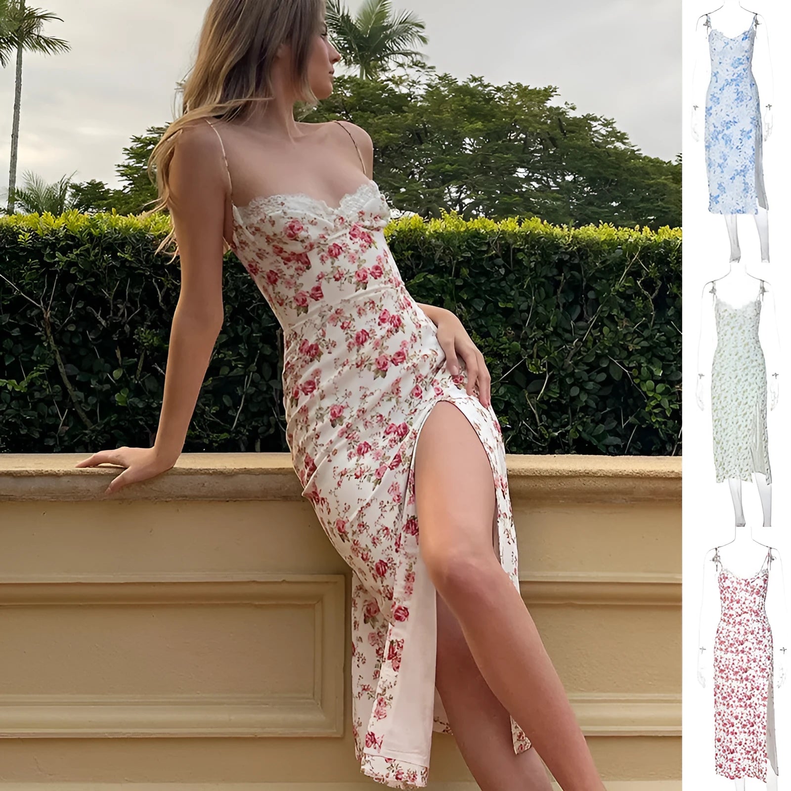 Women's blue lace flower print long dress with suspender neckline and side slit.