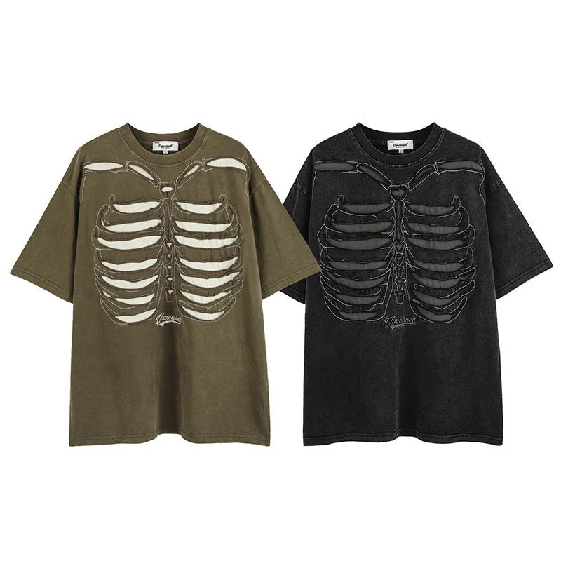 Men's black loose fit cotton T-shirt with skull and letter print, drop-shoulder sleeves