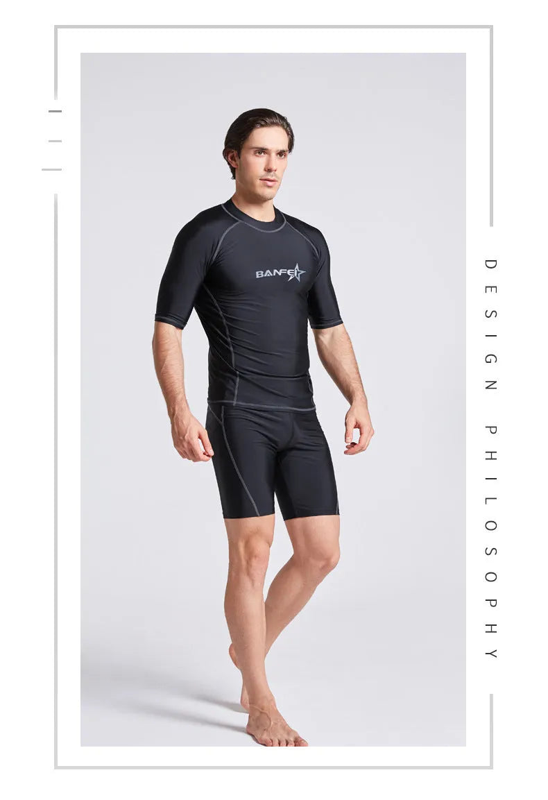 Men's navy blue half sleeve swimsuit top and pants set for swimming