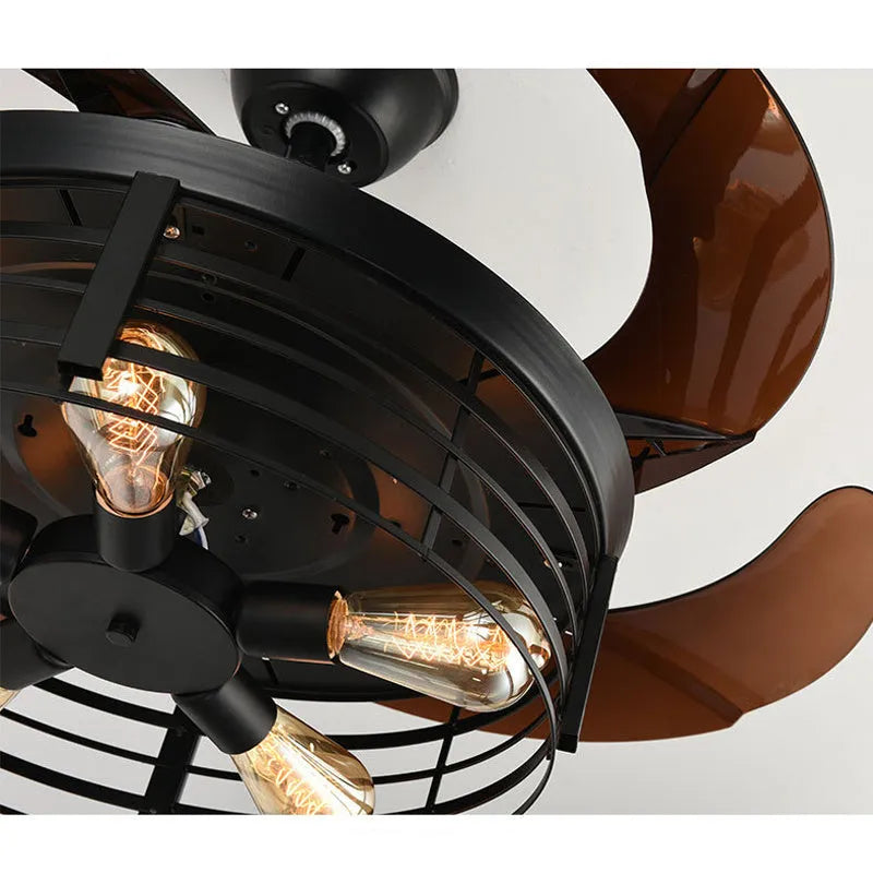 Industrial American retro style ceiling fan with integrated light and invisible acrylic blades.
