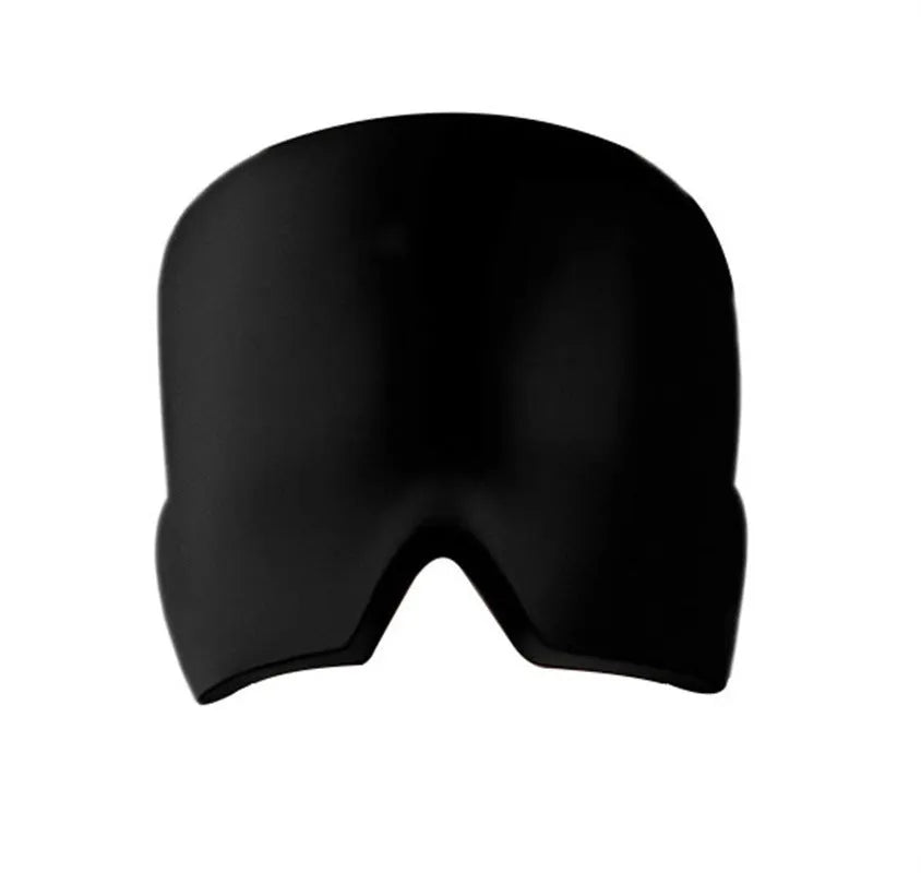 Black adjustable cold compress gel eye mask for headache relief on a plain background.